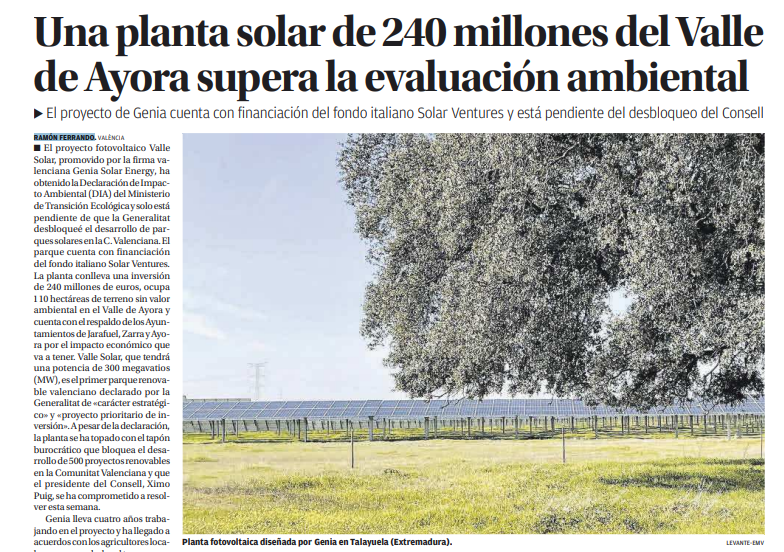 Una planta solar de 240 millones del Valle<br>de Ayora supera la evaluación ambiental